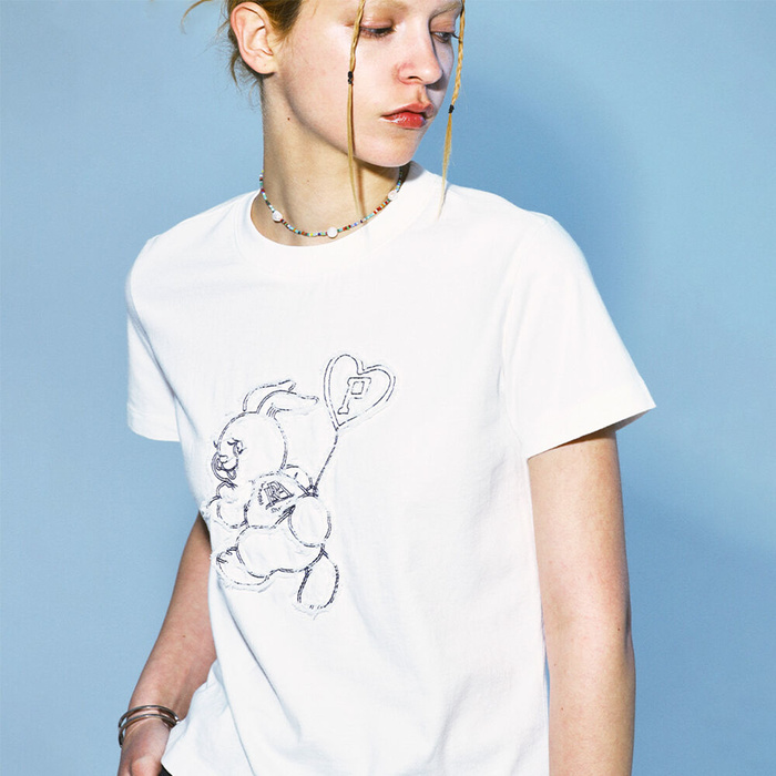 韓國PRENDA - JUMPING RABBIT DENIM PATCH TEE WHITE